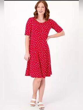 Susan Graver Red white Polka Dot short sleeve comfy stretch swing Dress size XL